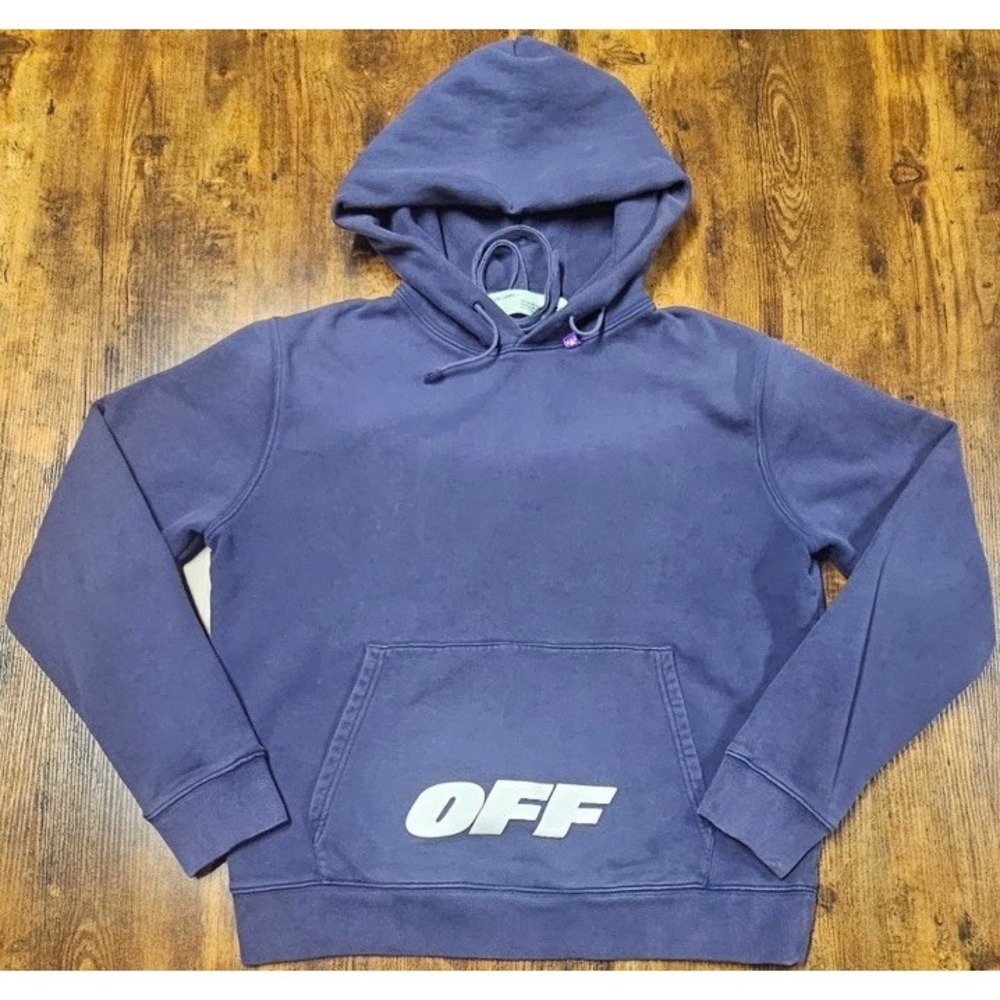 Off White Main Label Navy Blue Cotton Hoodie Men's Size Large